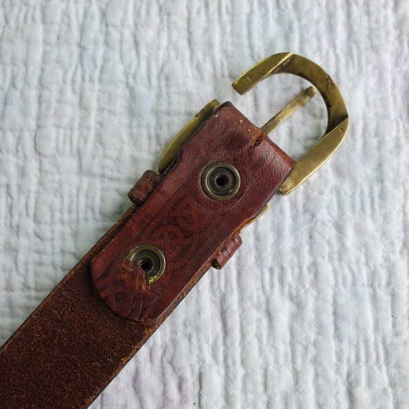 Lee River Ireland Brown Genuine Leather Celtic Knot Belt Mens Brass Buckle 36/38 - Picture 5 of 8